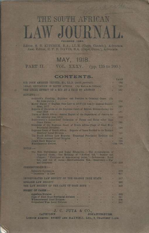 The South African Law Journal (Part II, Vol. XXV, May 1918)