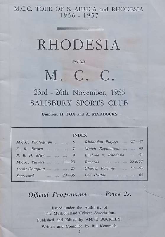 Rhodesia versus MCC (November 1956 Match Programme)