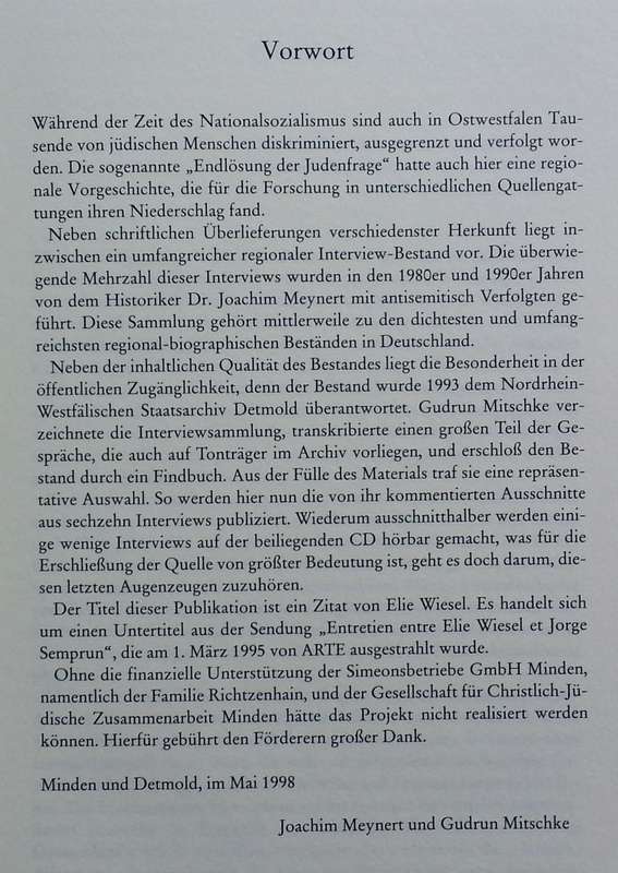 Die Letzten Augenzeugen zu Horen: Interviews mit antisemitish Verfolgten aus Ostwestfalen (German...