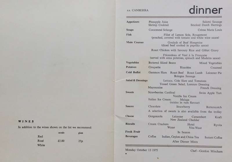 6 Dinner Menus from the SS Canberra (1975)