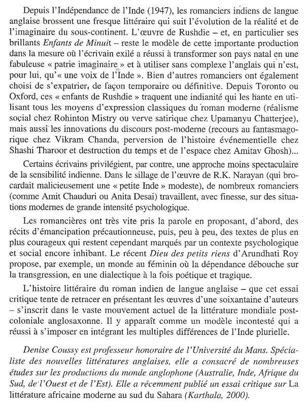 Le Roman Indien de Langue Anglaise (Inscribed by Author) | Denise Coussy
