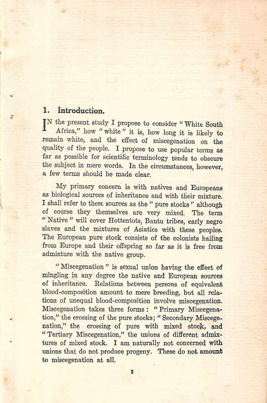 Miscegenation: A Study of the Biological Sources of Inheritance of the South African European Pop...