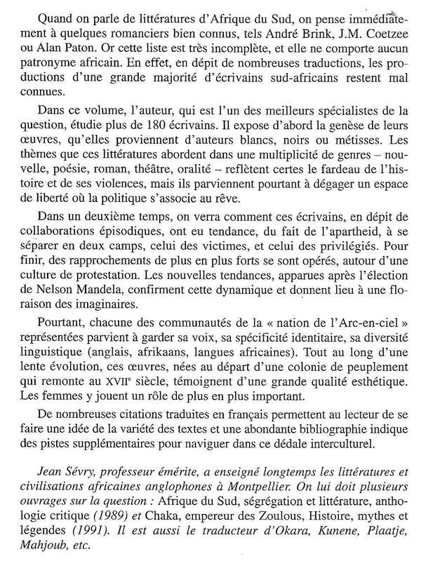 Litteratures d'Afrique du Sud (Inscribed by Author) | Jean Sevry