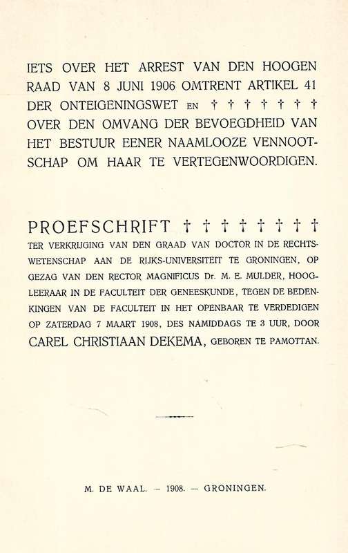Iets Over Het Arrest van den Hoogen Raad van 8 Juni 1906 Omtrent Artikel 41 der Onteigeningswet (...