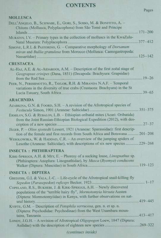African Invertebrates: A Journal of Biodiversity Research (Vol. 55, Nos. 1&2, Jan-Dec 2014)