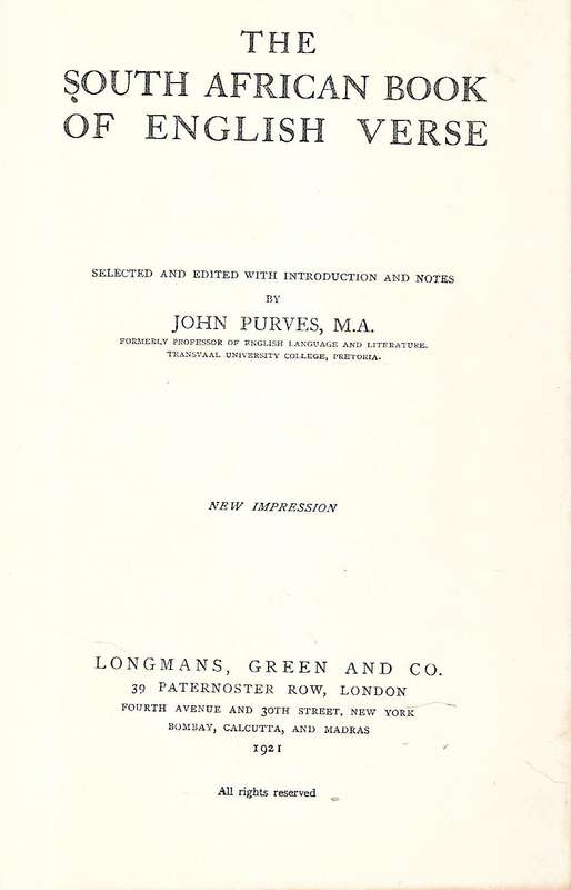 The South African Book of English Verse (Published 1921) | John Purves (Ed.)