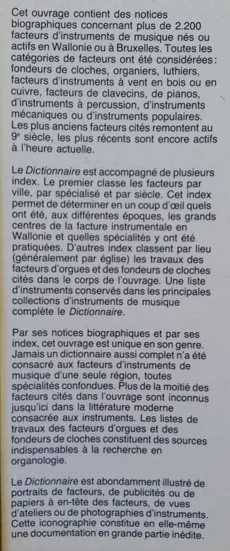 Dictionnaire des Facteurs D'Instruments de Musique en Wallonie et a Bruxelles du 9e Siecle a nos ...