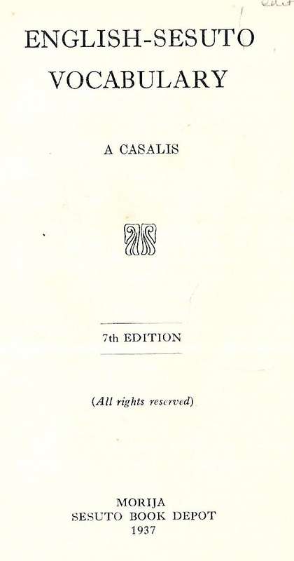 English-Sesuto Vocabulary (Published 1937, 7th Edition) | A. Casalis