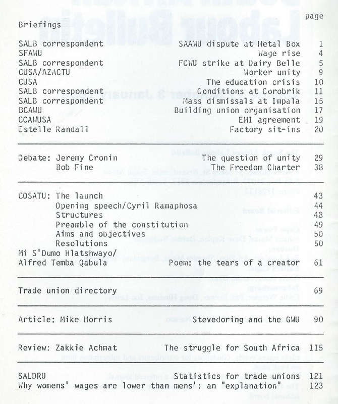 South African Labour Bulletin (Vol. 11, No. 3, January 1986)