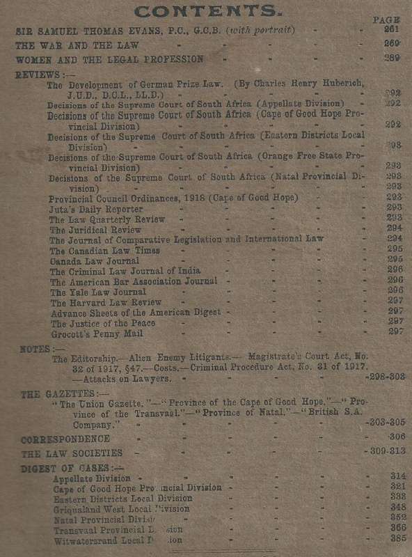 The South African Law Journal Part III, Vol. XXXV, August 1918)