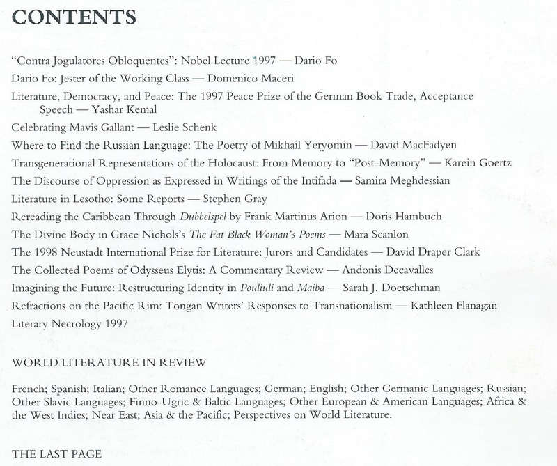 World Literature Today (Vol. 72, No. 1, Winter 1998)