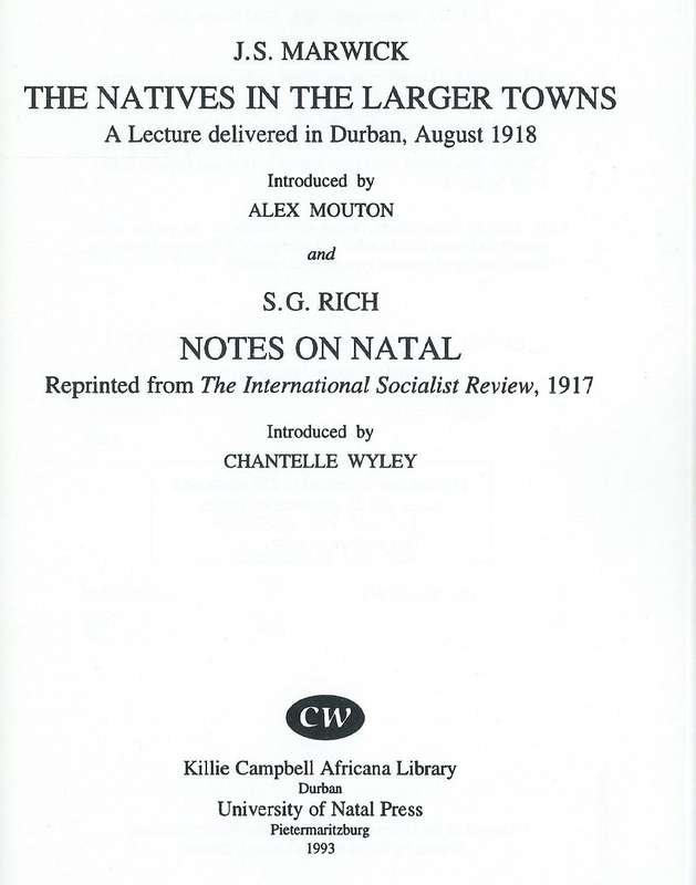 A Lecture on The Natives in the Larger Towns, and Notes on Natal (Limited Edition) | J. S. Marwic...