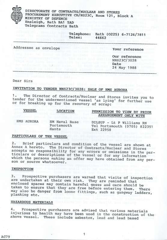 Invitation to Tender for Surplus Vessel HMS Aurora (Tender Document)