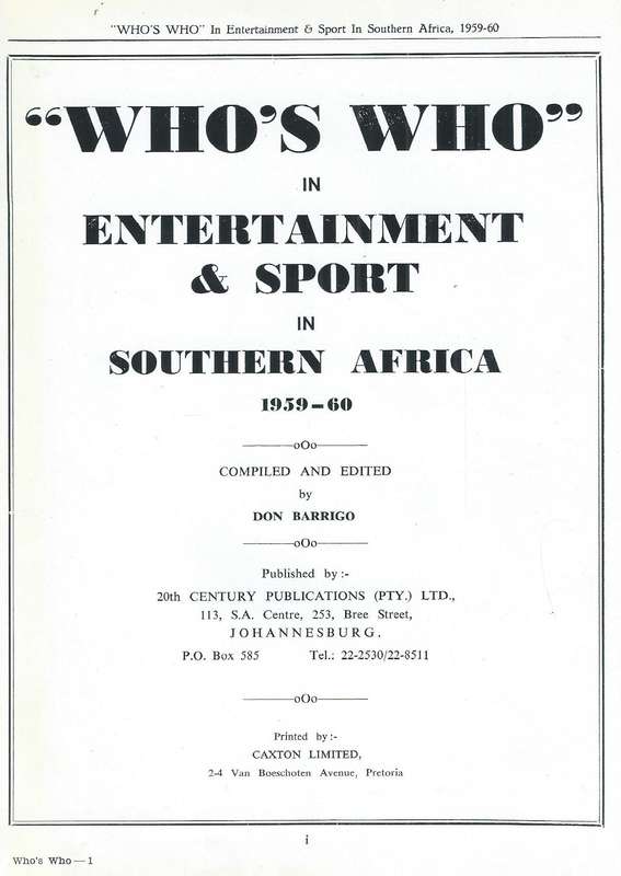 Who's Who in Entertainment & Sport in South Africa 1959-1960