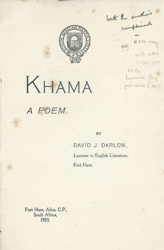 Khama: A Poem (Inscribed by Author, Lovedale Press Publication) | David J. Darlow