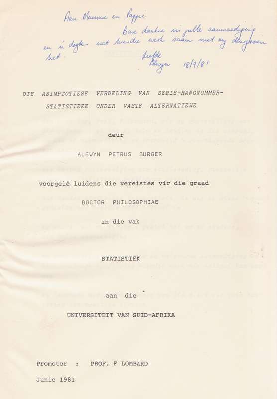 Die Asimptotiese Verdeling van Serie-Rangnommer-Statistieke onder Vaste Alternatiewe (Inscribed b...