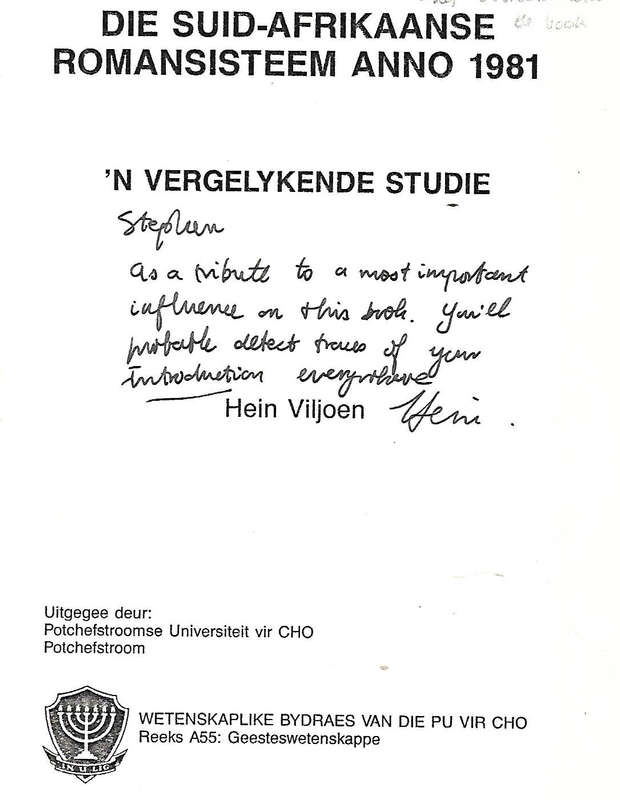Die Suid-Afrikaanse Romansisteem Anno 1981: 'n Vergelykende Studie (Inscribed by Author) | Hein V...