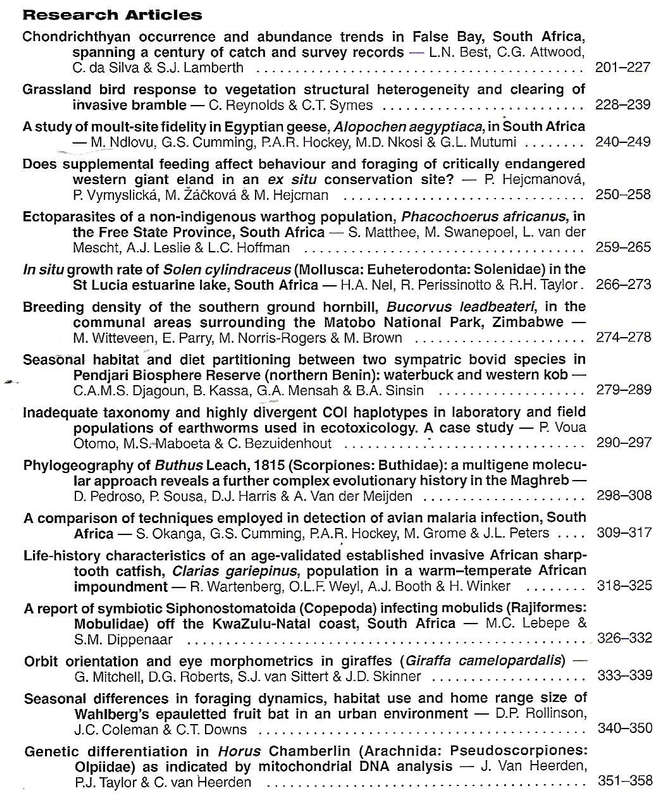 African Zoology (Vol. 48, No. 2, October 2013)