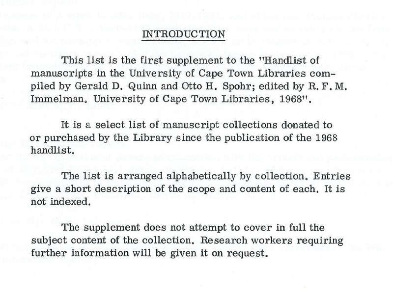Handlist of Manuscripts in the University of Cape Town Libraries, Supplement No. 1 | D. J. Robbins