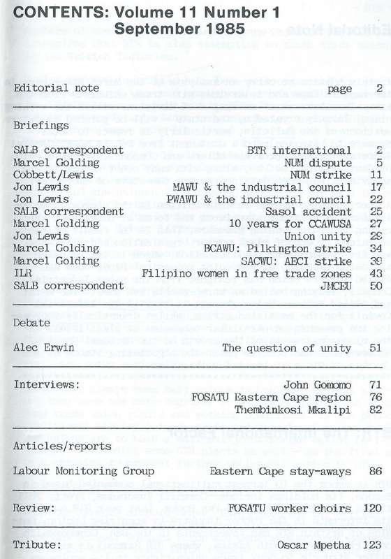 South African Labour Bulletin (Vol. 11, No. 1, September 1985)
