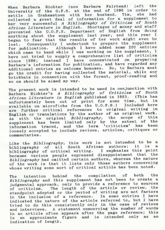 Textures No. 6 (Supplement to A Bibliography of Criticism of South African Literature in English)...