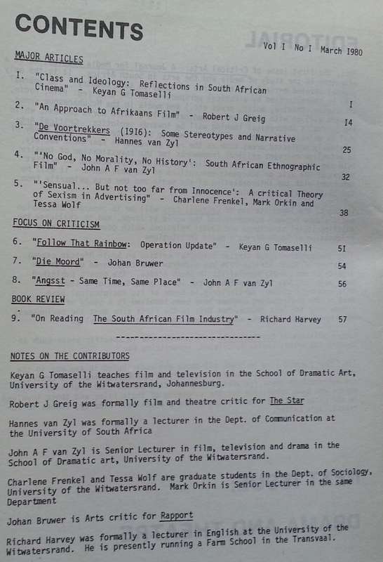 Critical Arts: A Journal for Media Studies (Vol. 1, No. 1, March 1980, Special Issue on S.A. Cinema)