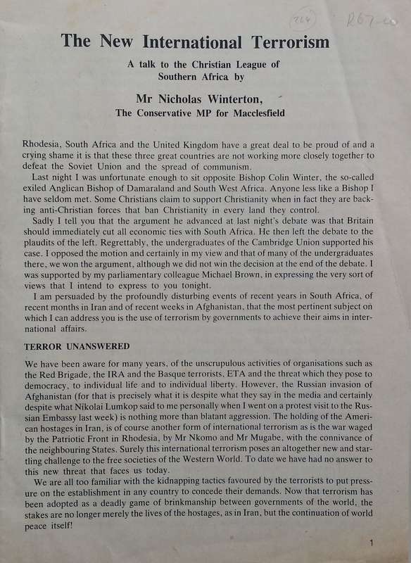 The New International Terrorism: A Talk to the Christian League of Southern Africa (Pamphlet) | N...