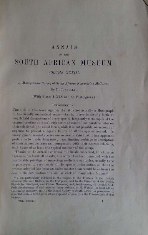 A Monographic Survey of South African Nonmarine Mollusca (SA Museum Annals, Vol. 33) | N. Connolly