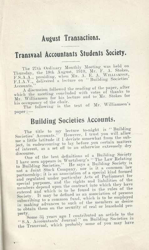 Transvaal Accountants' Student Society Transactions, 1910-1911