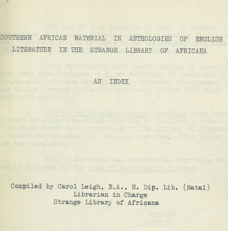 Southern African Material in Anthologies of English Literature in the Strange Library of Africana...