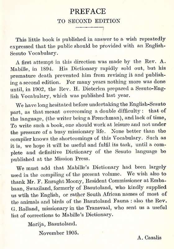 English-Sesuto Vocabulary (Published 1937, 7th Edition) | A. Casalis