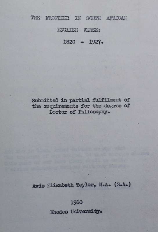 The Frontier in South African English Verse, 1820-1927 | Avis Elizabeth Taylor