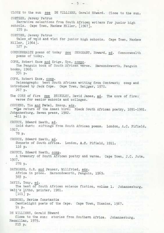 Southern African Material in Anthologies of English Literature in the Strange Library of Africana...