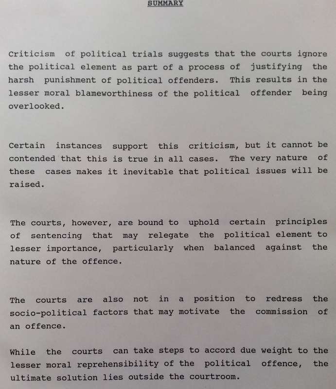 Judicial Approach and Sentencing Practices in Relation to Political Offences | M. C. Zlotnick