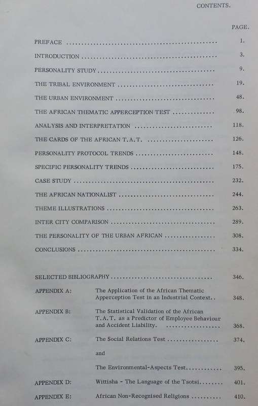 The Personality of the Urban African in the Union of South Africa: A Thematic Apperception Study ...