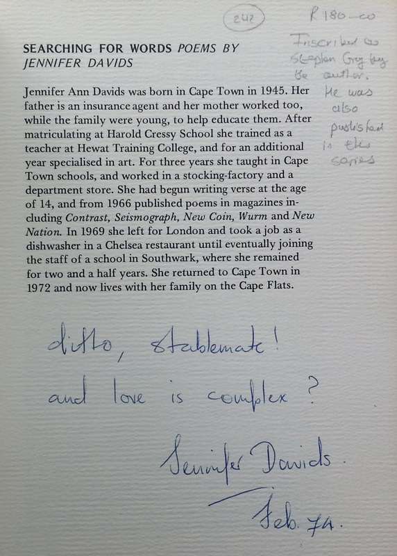Searching for Words (Inscribed by Author to Stephen Gray) | Jennifer Davids