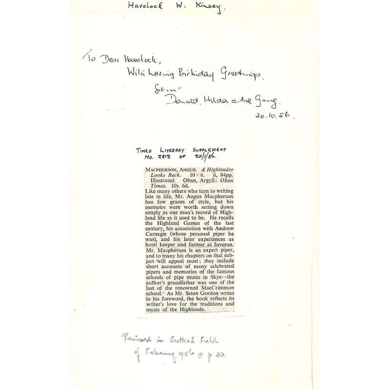 A Highlander Looks Back (Signed by Author, with Letter) | Angus Macpherson