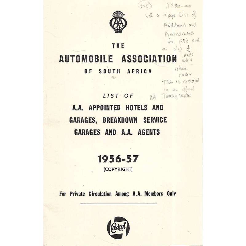 AA Appointed List Of Hotels, Garages, Service Garages and AA Agents and Amendment List (In Tourin...