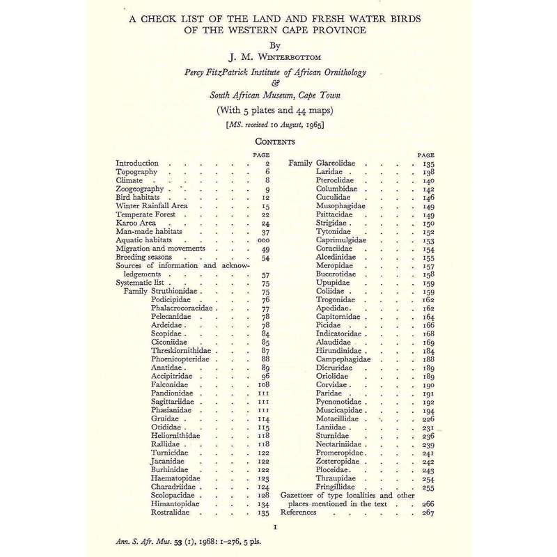 Annals of the South African Museum (Vol. 53, Sep. 1968, Part 1) A Checklist of the Land and Fresh...