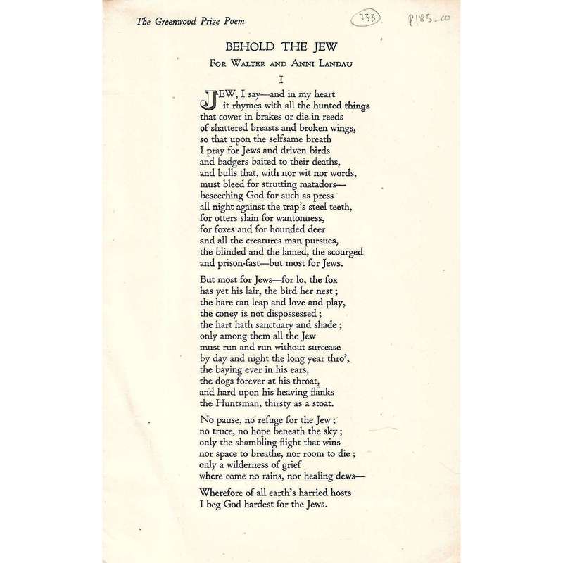 Behold the Jew (The Greenwood Prize Poem for 1943) | Ada Jackson