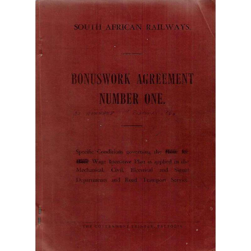 Bonuswork Agreement Number One (With 1962 Amendments Pasted In, Afrikaans and English Edition)