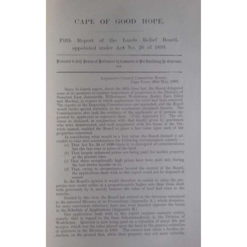 Cape of Good Hope Lands Relief Board (Fifth Report, 1903)