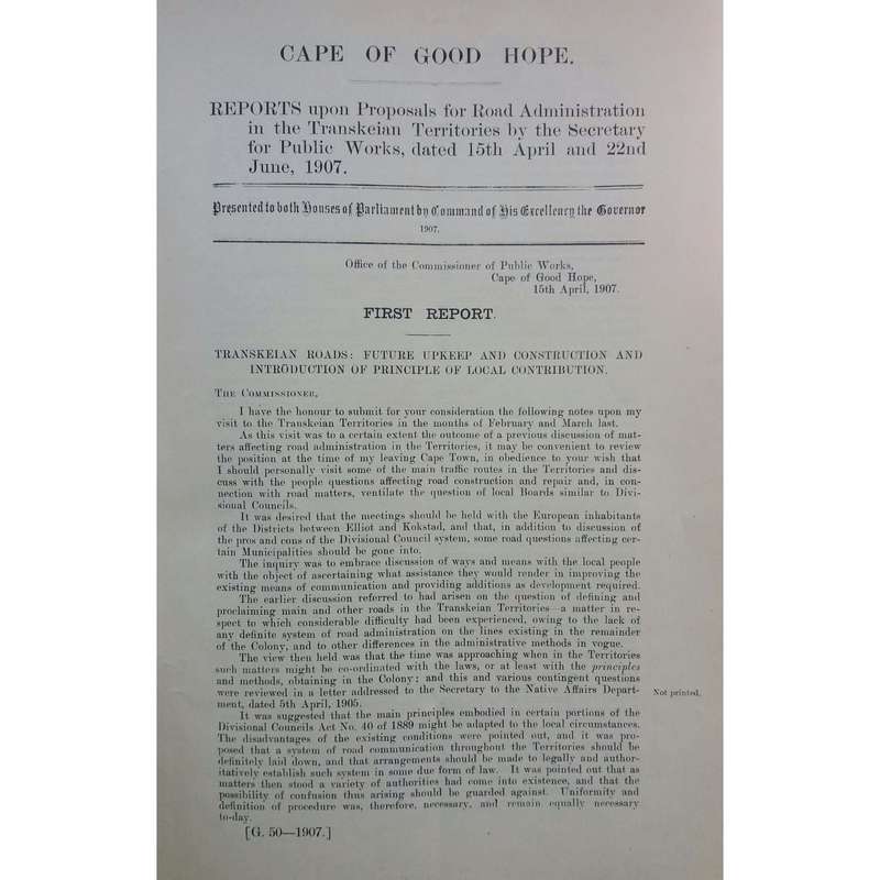 Cape of Good Hope Reports Upon Proposals for Road Administration in the Transkeian Territories | ...