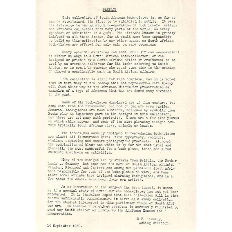 City of Johannesburg Africana Museum: Catalogue of an Exhibition of South African Book Plates (1950)