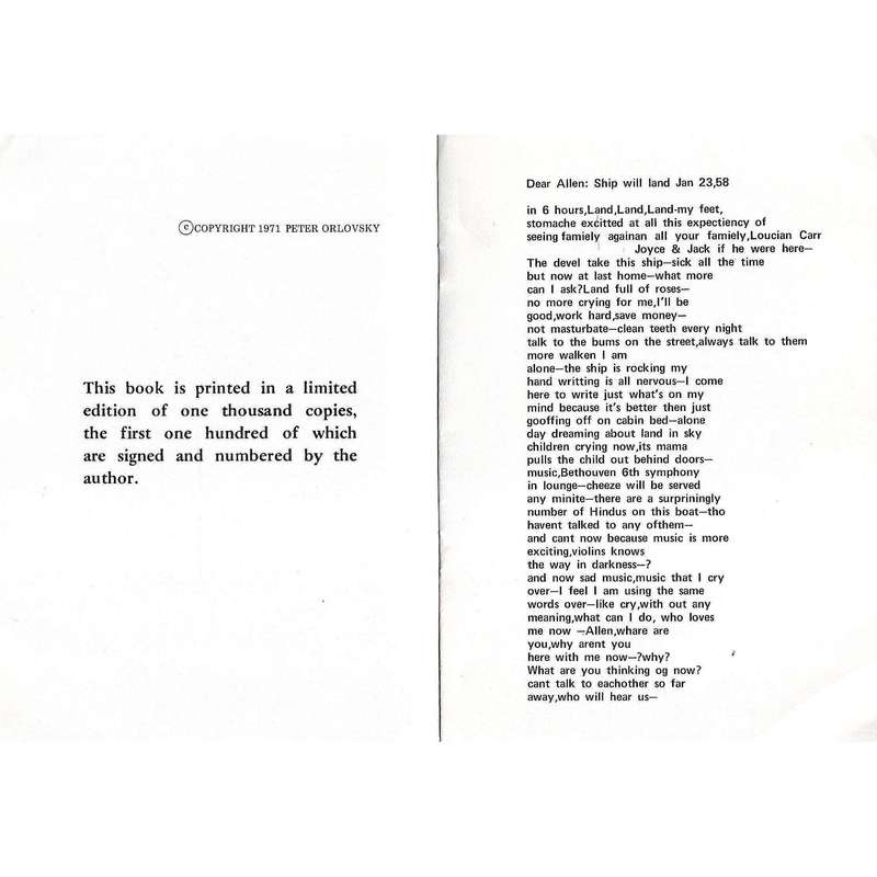 Dear Allen: Ship will land Jan 23, 58 (Limited Edition) | Peter Orlovsky