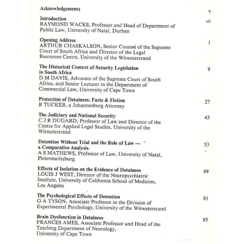 Detention and Security Legislation in S. A. Proceedings of a Conference Held at the University of...