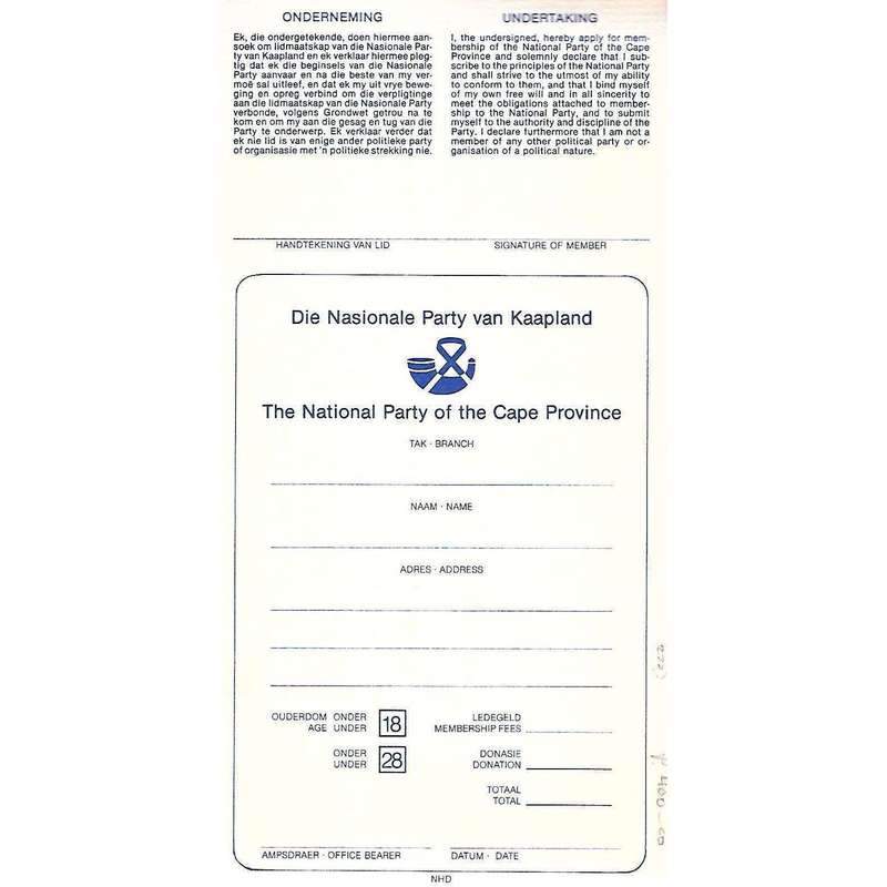 Die Nasionale Party van Kaapland - The National Party of the Cape Province (Membership Sign-Up Bo...