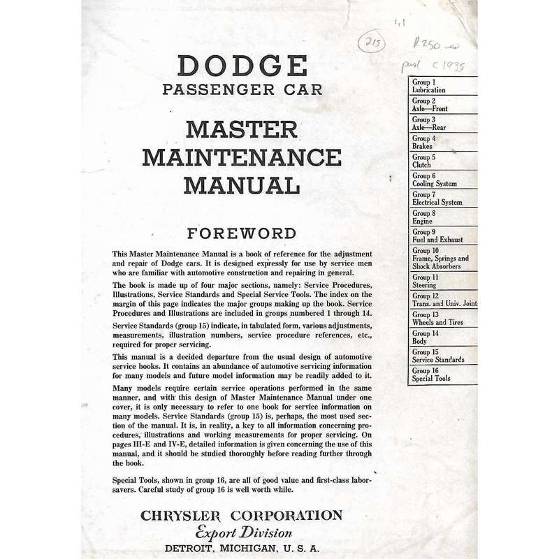 Dodge Passenger Car Master Maintenance Manual (Post c.1935 Publication)