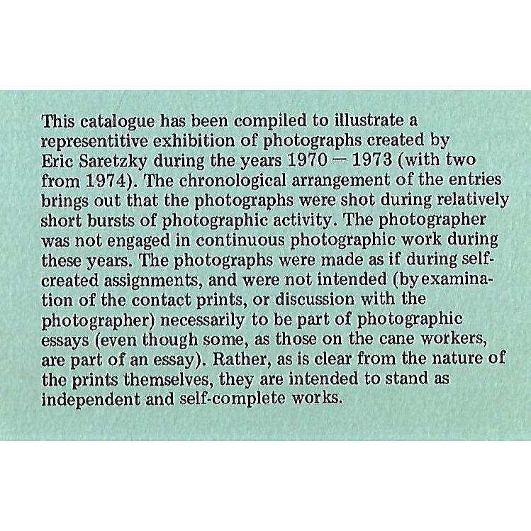 Eric Saretzky: Photographic Work, 1970-1973 (Catalogue)
