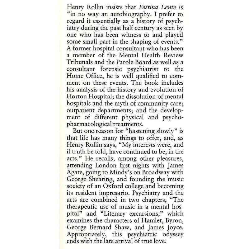 Festina Lente: A Psychiatric Odyssey (Signed and Inscribed by Author) | Henry R. Rollin